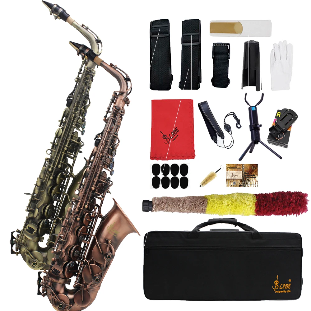 

SLADE Eb Alto Saxophone Red/Cyan Antique Brass Body Saxophone Professional Woodwind with Case Gloves Whistle trimmer Parts Set