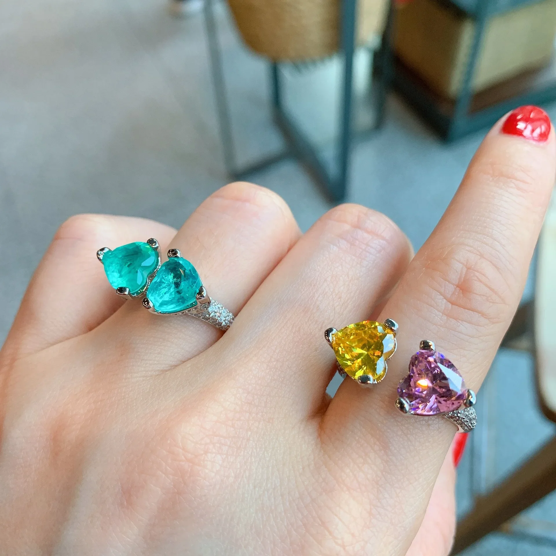 Simple Heart LOVE Paraiba Emerald Stone Open Adjustable Matching Rings Women Luxury Designer Jewelry Lover Wife Gift Bride