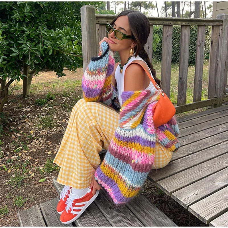 Casual Striped Knitted Cardigan Women Elegant Long Sleeve Rainbow Color Loose Sweater 2024 New Autumn Female High Streetwear