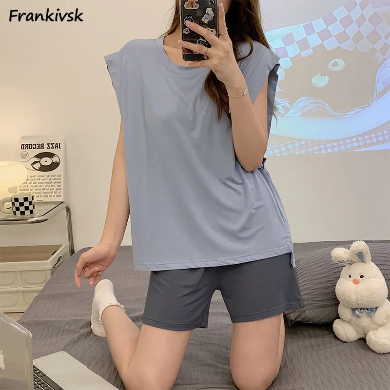 Sleeveless Pajama Sets Women Loose Pure Color Nightwear Slouchy Schoolgirls Daily Home Ins Stylish Minimalist Aesthetic Hipster