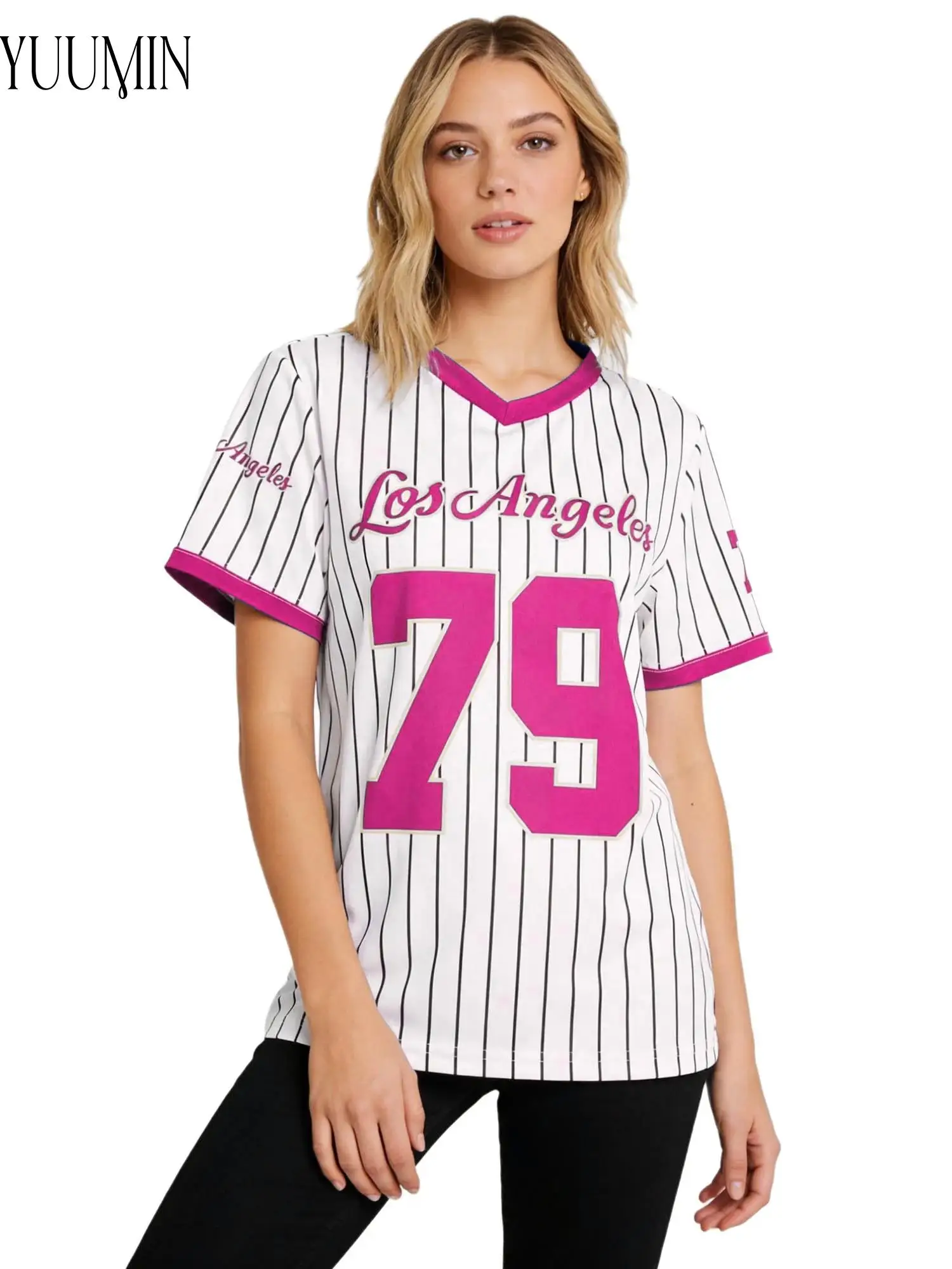 

Women Print Letter Number Striped Sporty T Shirt V Neck Loose Casual Short Sleeve Top for Street Sports Game Daily Trendy