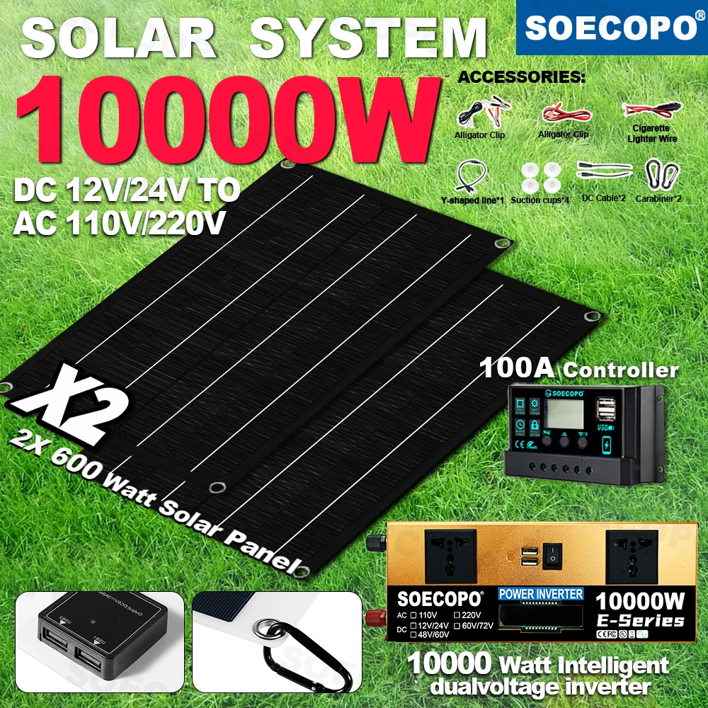 

2*600W Solar Panels SOECOPO 10000W Camping Full Portable Solar Kit 100A Controller Dual Sockets Inverter 12v 220v USB 5V/1.5A