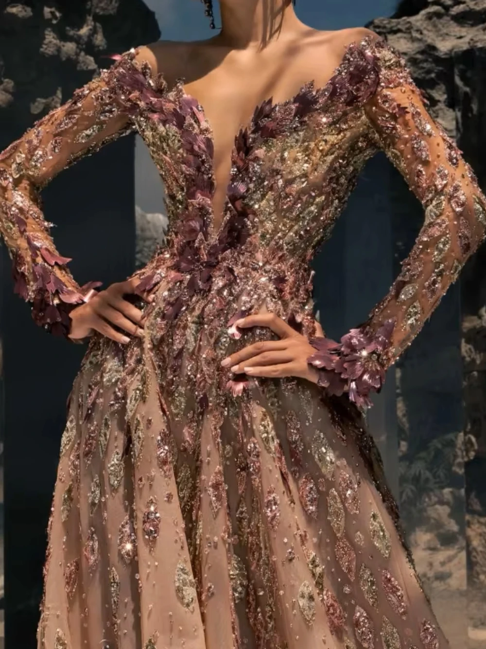 Handmade 3D Floral Evening Dress Glitter Beads Crystals A Line Customized Prom Gown Beautiful Delicate Wedding Guest Red Carpet