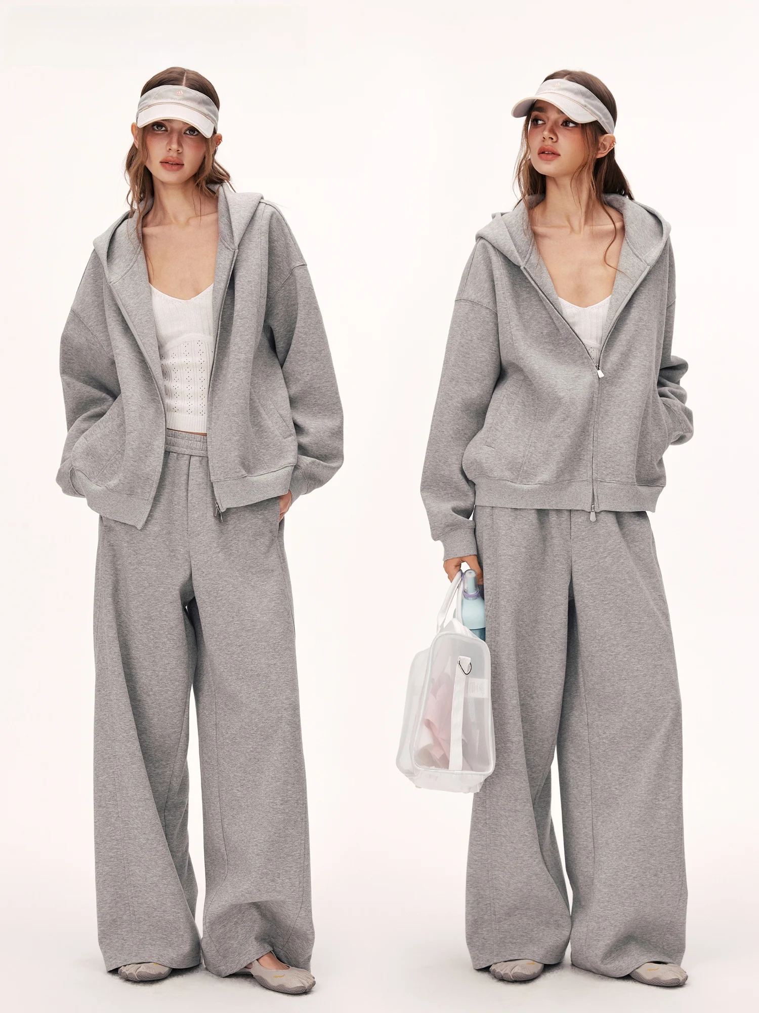 Women's Zipper Cardigan Hoodie Jacket Loose Feel Two-Piece Set Casual Sporty Pants Cotton Anti-Wrinkle Autumn Wear