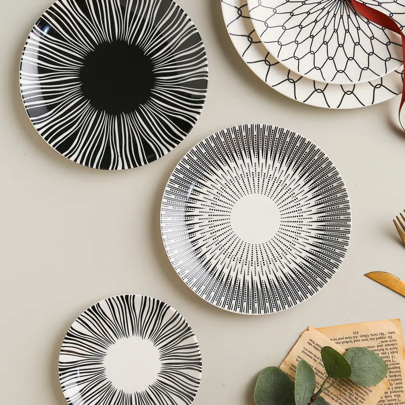 Ceramic Dinner Plate Set 6/8/10 Inch Flat Modern Black Pattern Dining Plates for Kitchen |Family-Dishwasher| Microwave|Oven Safe