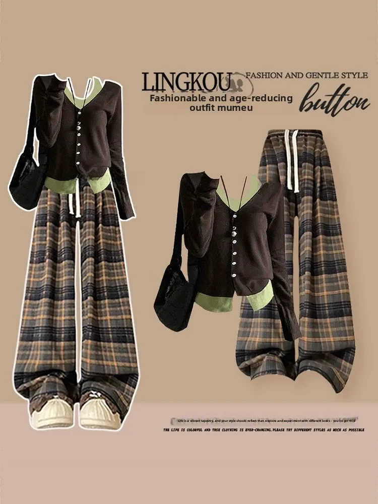 

Ladies Autumn Fashion Set Loose Style Plaid Long Pants And Top Two-Piece Suit Korean Loose Fit Casual Wear High Waist Pants