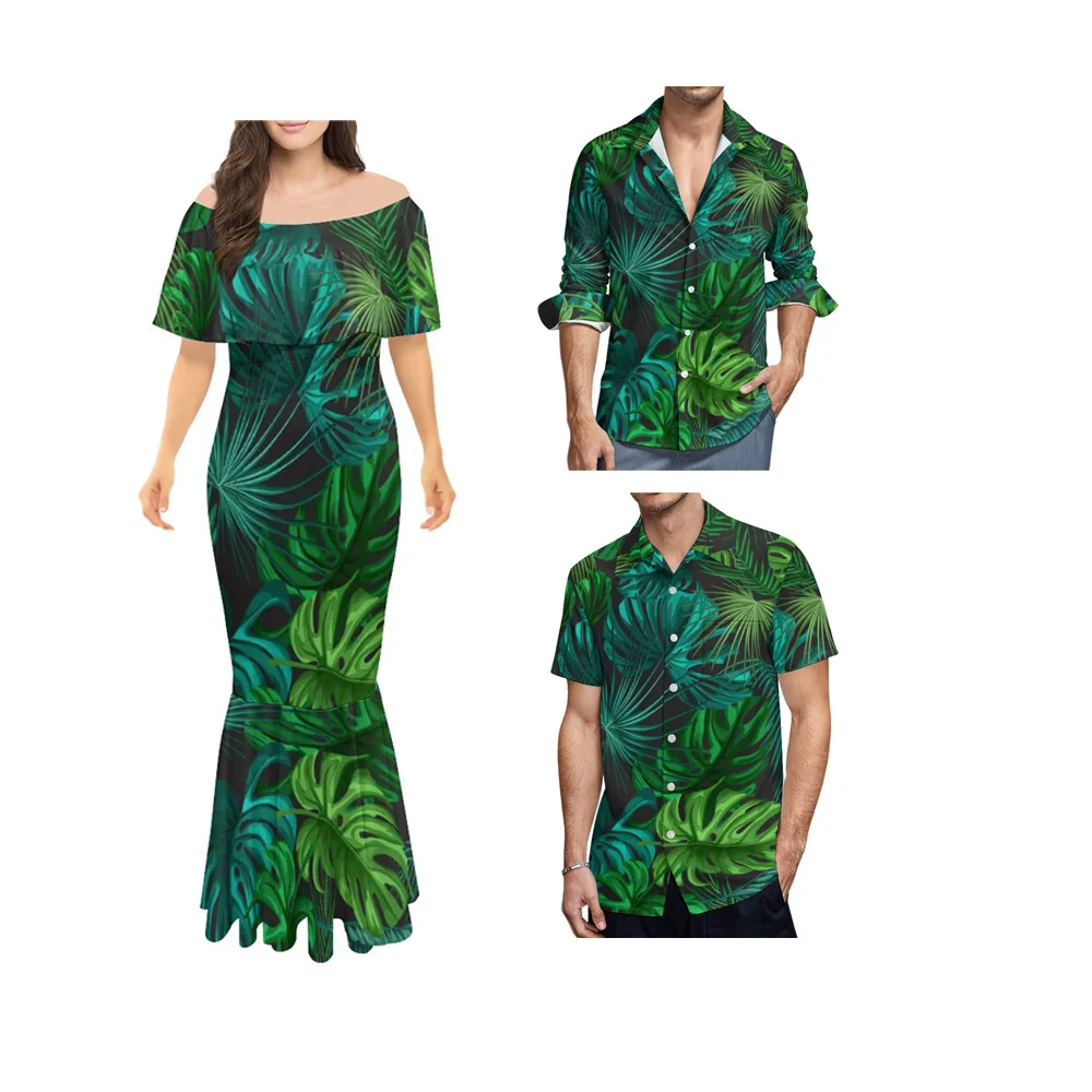 Bare Shoulders Summer Casual Dresses Polynesian Tribal Print Women Mermaid Skirt Couples Match Clothing Men Shirts