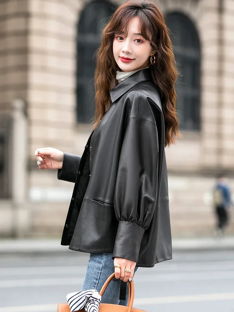 Genuine Leather Jacket Women Fashion Real Sheepskin Leather Coat Short Casual Leather Jackets Lapels Jaqueta De Couro Feminina