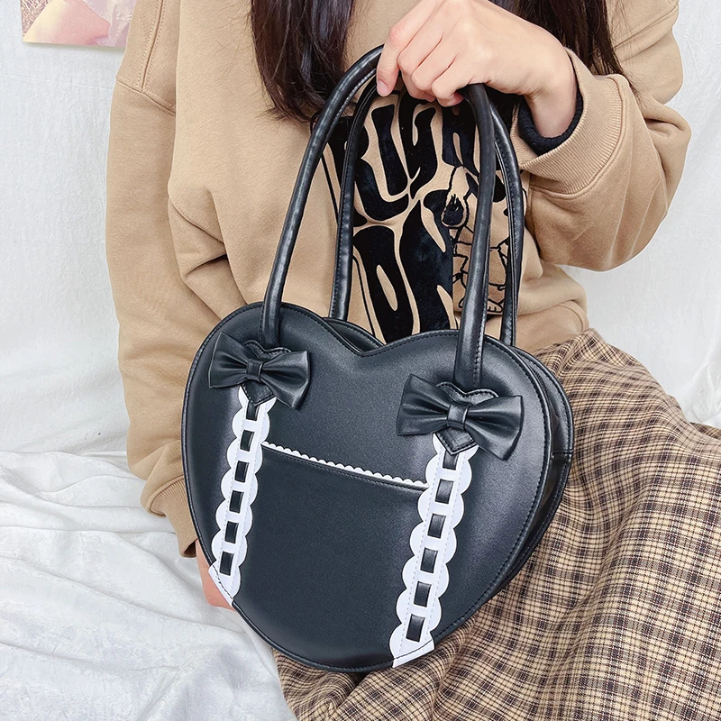 Lolita Herz Geformt Handtasche für Frauen Japanischen Kawaii Schulter Tasche Bowknot Geldbörsen und Handtaschen Mädchen Satchel Tasche Top Griff