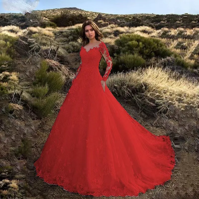 Women's Sexy Heavy Industry Lace Wedding Dress Flower Trailing Big Swing Evening Dress