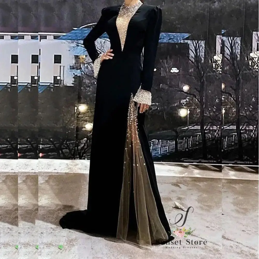 

Customized Black Evening Dresses Luxury Velvet Long Sleeve High Neck Beading Sweep Train Prom Dress Special Occasion Gowns Ves
