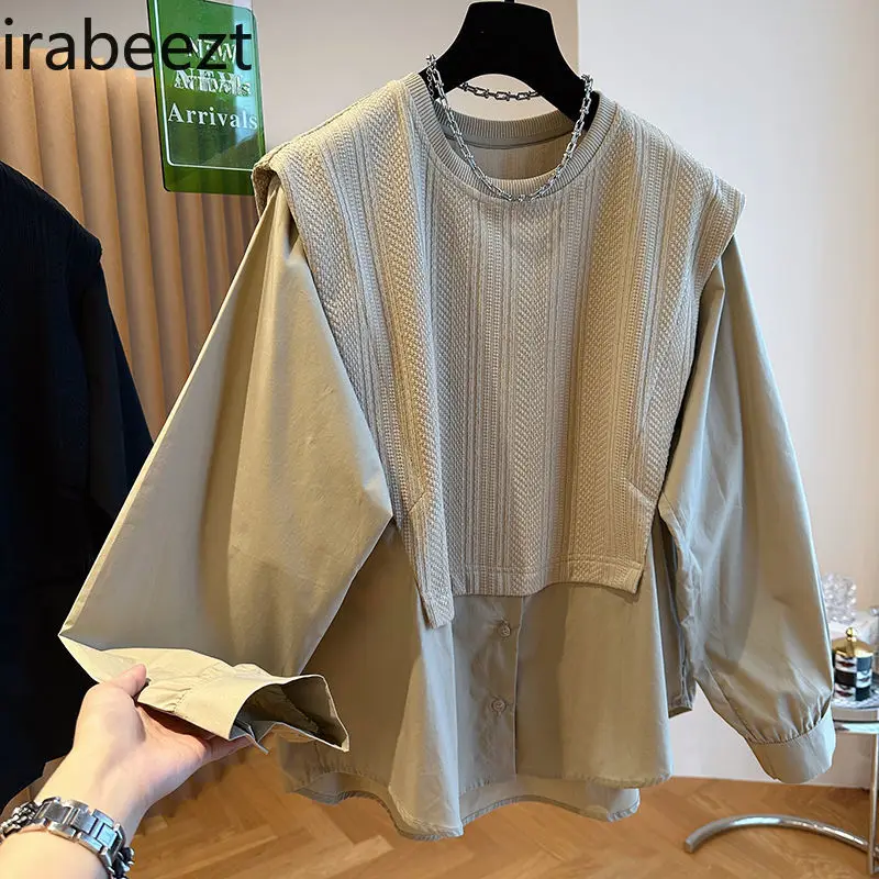 Autumn New Design Sense Niche Loose Casual Knitted Stitching Shirt Women Long Sleeve Sleeve Cover Fake Two Jacket Blouse