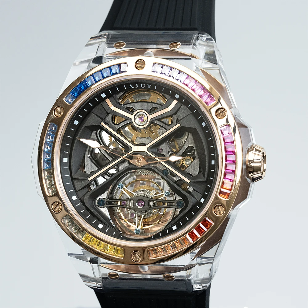 AJUT Movimento automatico Tourbillon Orologi da uomo Cassa trasparente in cristallo Orologi meccanici da uomo di lusso 0523