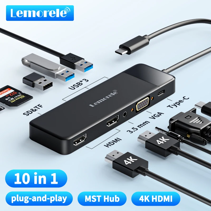 

Многофункциональный USB-хаб Lemorele 10-в-1 с двумя портами HDMI 4K, адаптер-сплиттер Type-C, зарядная станция PD 100W, VGA для ТВ, MacBook, ноутбуков
