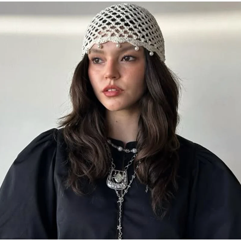 Sequined Temperament Pearl Glitter Tassel Hat Summer And Spring Female Hollow Bohemian Vintage Ethnic Wind Woven Pullover Hat
