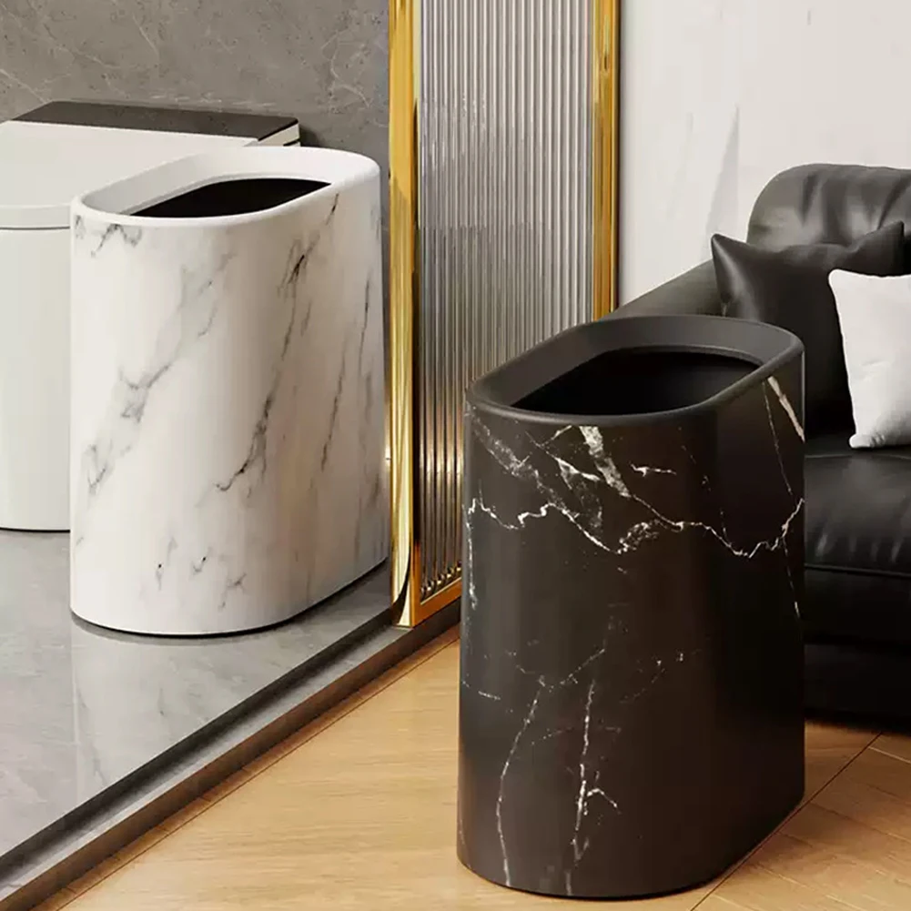 1Pcs Plastic Narrow Shape Waste Bin With Lid Marble And Wood Pattern Household Trash Can Bathroom Accessories Narrow Garbage Can
