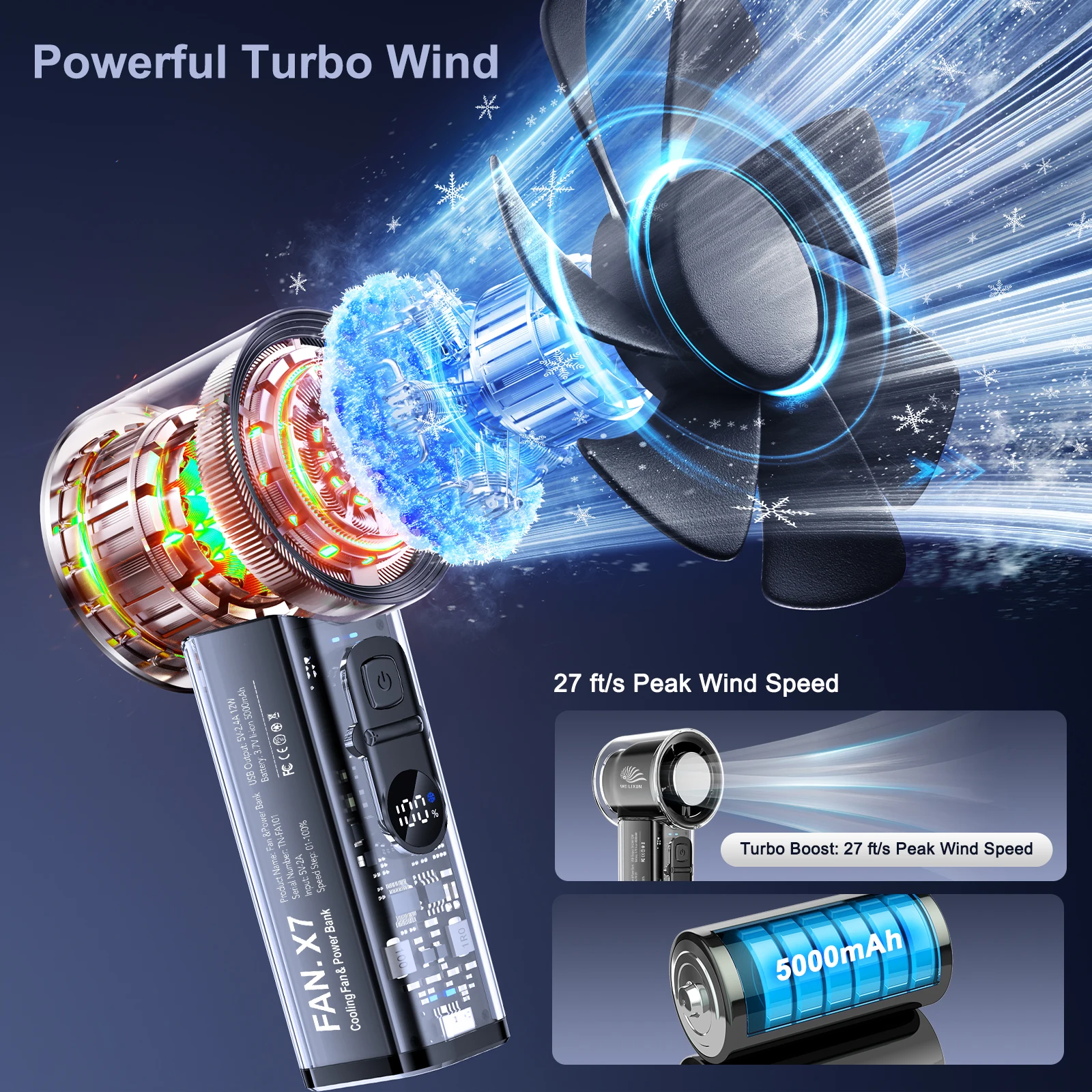 السفر في الهواء الطلق أشباه الموصلات ضغط الجليد عالية السرعة التبريد مروحة صغيرة 5000mHA USBRecharge المحمولة 100 سرعات الرياح شاشة LED