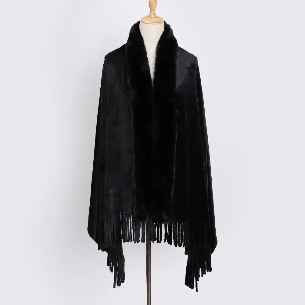 Trendy Thicken Plush Flannel Shawl Tassels Elegant Otter Rabbit Fur Collar Shawl Fluffy Cape Coat