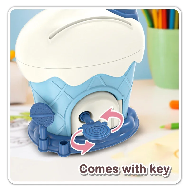 1 ensemble de tirelire de cabane de crème glacée, grande capacité, jouet pour enfants, autocollants de dessin animé, boîte d'économie d'argent avec clés, cadeau pour enfants