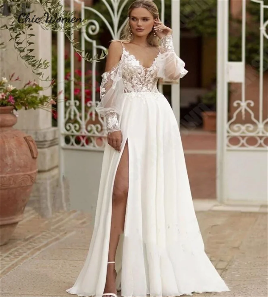 

Graceful Bohemian Wedding Dresses Long Sleeve High Slit Chiffon Bride Dress 2024 Floor Length Destination Beach Bridal Gowns