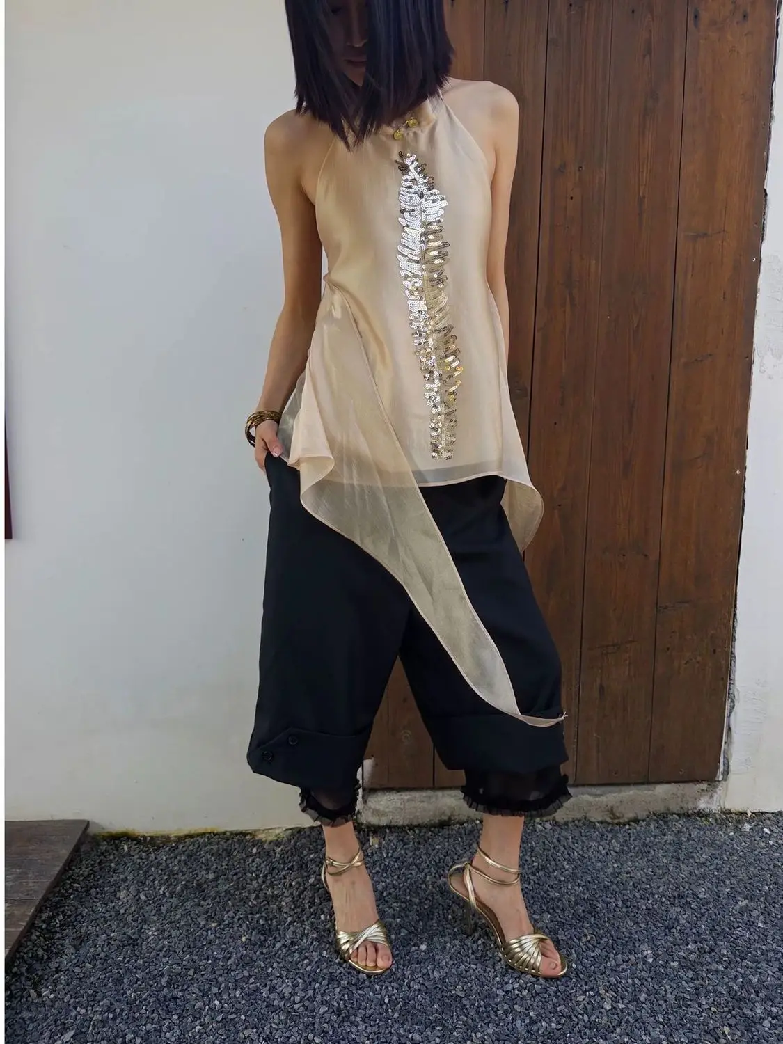 Loose Curled Casual Summer Black Mid-pants with Niche Design Splicing Seven-eighths Large Size Straight Pants for Women