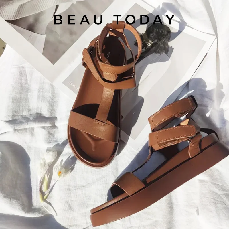 BeauToday Gladiator Sandals Women Genuine Calfskin Leather Open Toe T-Strap Thick Sole Summer Ladies Shoes Handmade 07130S