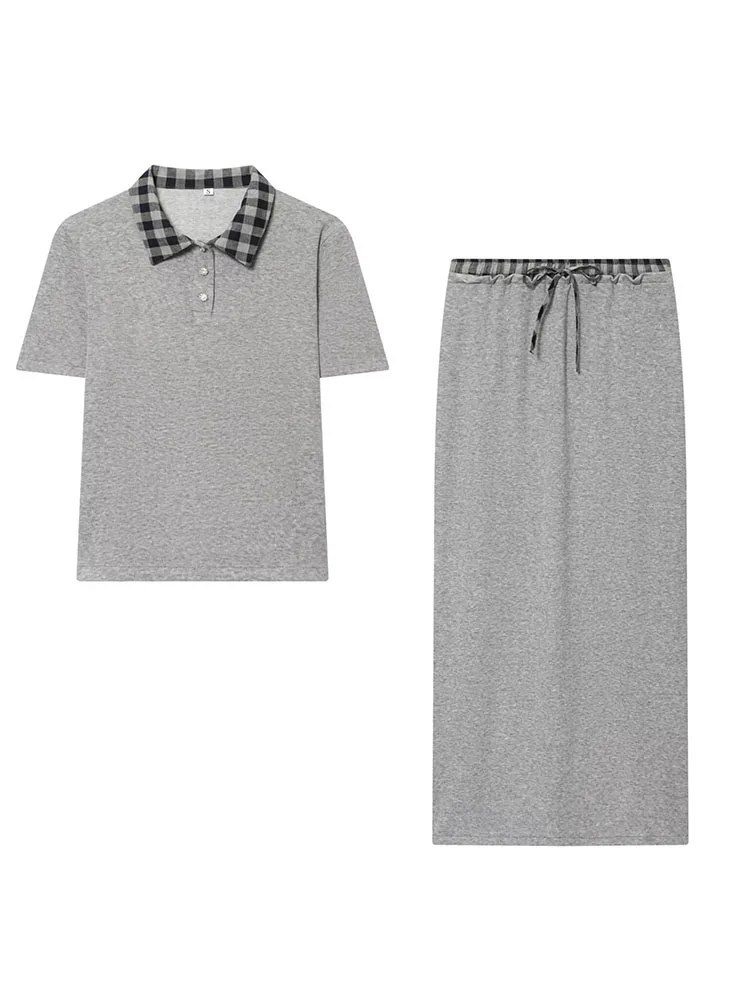 

HH Woman Spring Plaid Splicing Lapel Short Sleeves Tops Tie Waist Straight Midiskirt Female Leisure Street Style Two Piece Set