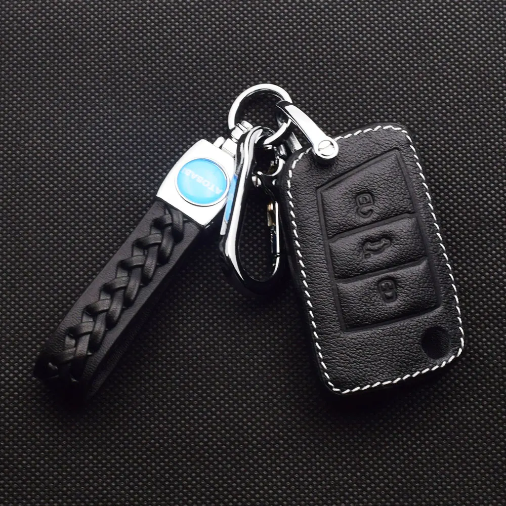 Leather Car Key Case Keychain Holder For VW Volkswagen Golf MK7 CC EOS Tiguan SEAT Leon Arona Skoda Fabia Flip Remote Fob Cover