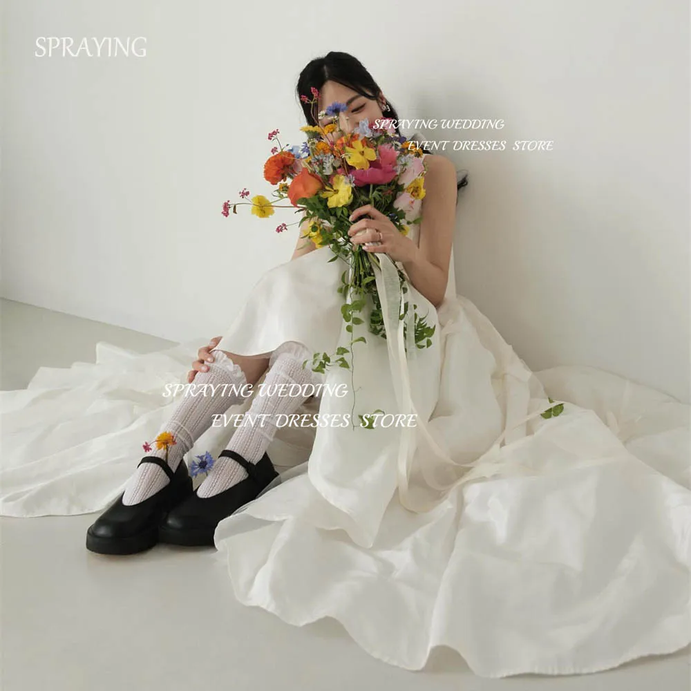 

SPRAYING Simple O-Neck Taffeta Tulle Wedding Dresses Photo Shoot Long Bow Korea Bridal Gown 웨딩드레스 Corset And Zip Fairy Dress