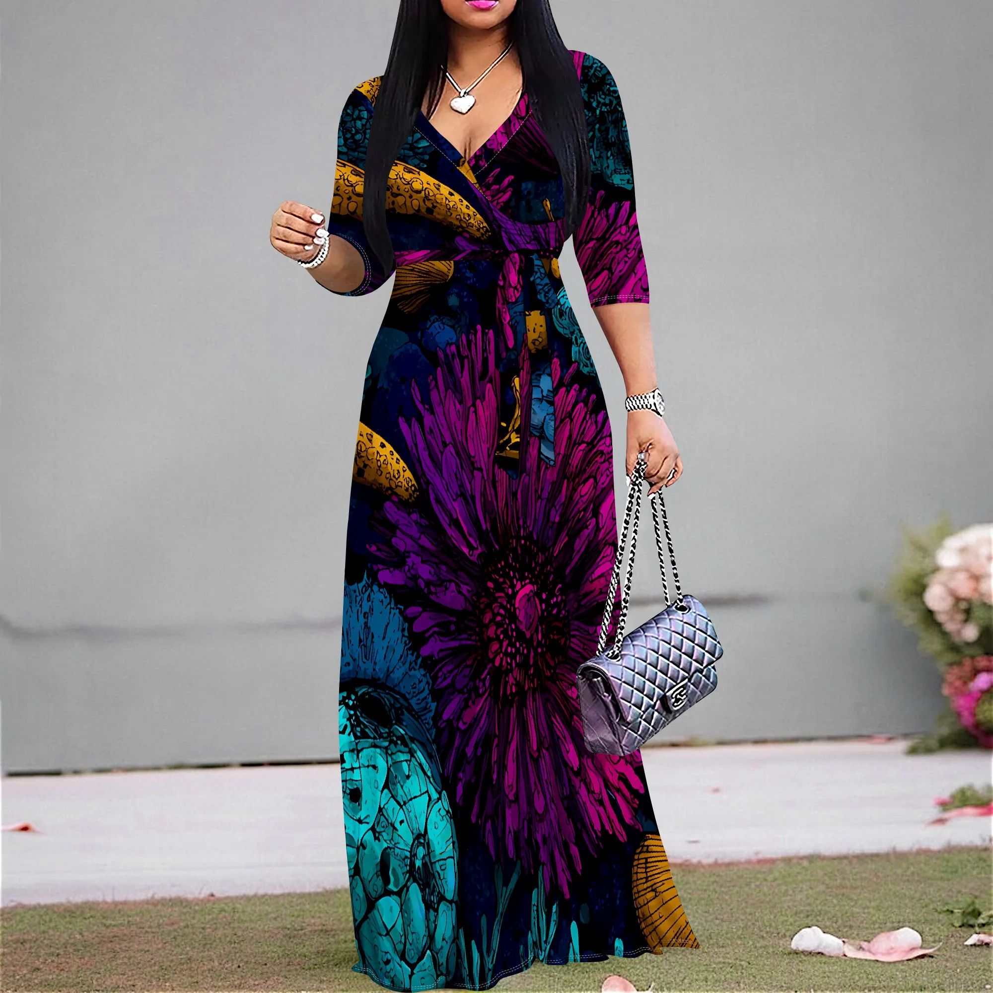 Vestido maxi feminino com decote em V e manga 3/4 com bolso e cinto