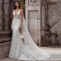 LORIE-Robe de mariée sirène en dentelle scintillante, robes de mariée sirène, coupe basse, col en V, fibres élégantes, patients, quelle que soit la chapelle, train, 2024