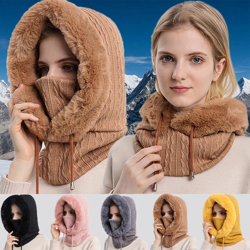 Women Knitted Cashmere Fur Cap Mask Set Hooded for Winter Warm Russia Outdoor Ski Windproof Hat Thick Plush Fluffy Beanies