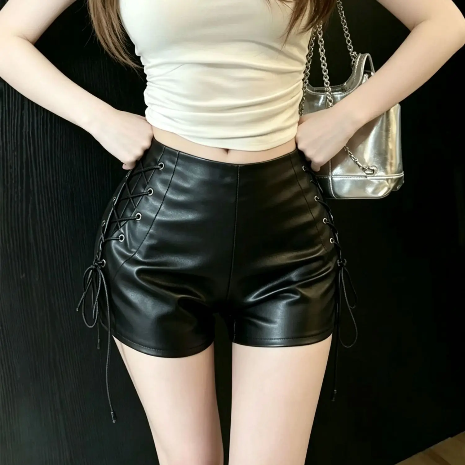 Women's High Waist PU Leather Drawstring Shorts Design Hot Pants Female Sexy Shorts
