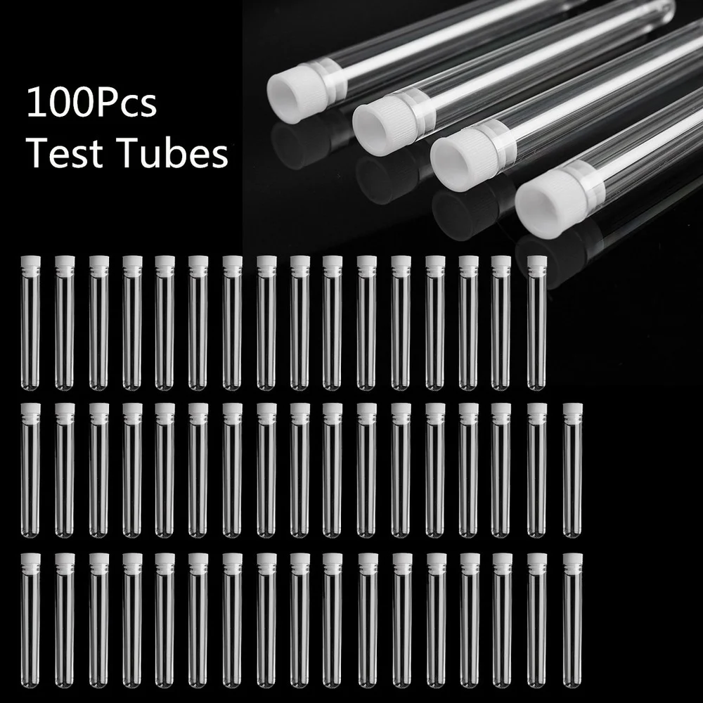 100Pcs Clear Plastic Test Tube With Cap 12x100mm U-shaped Bottom Long Transparent Test Tube Lab Supplies