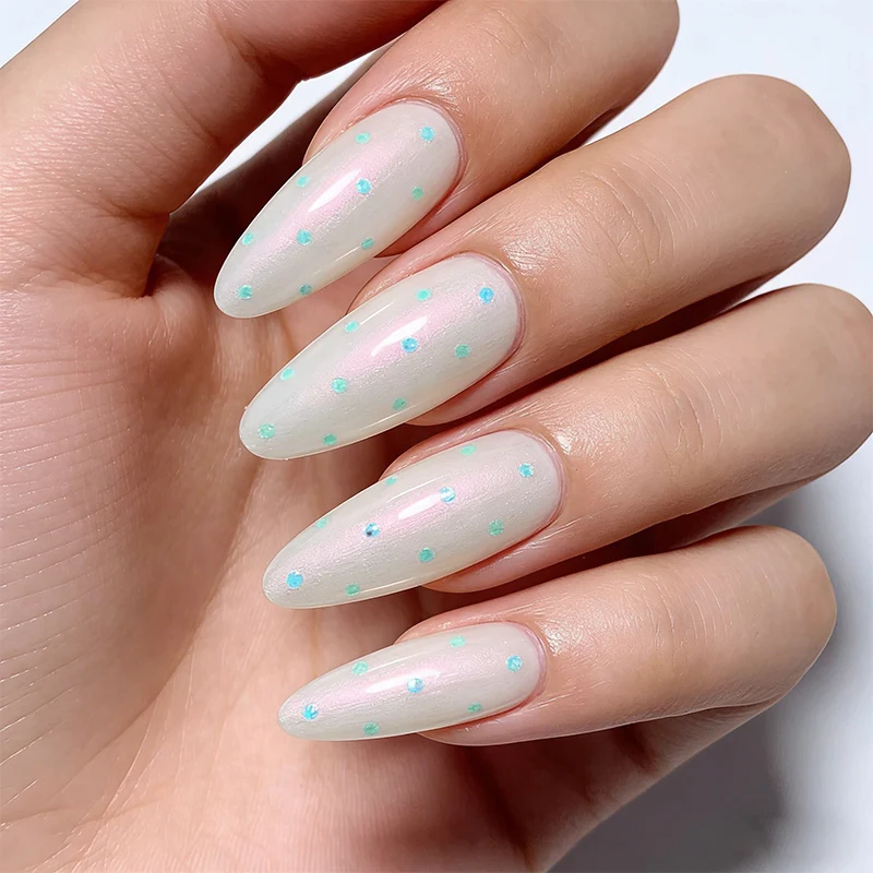 10Pcs Aurora Powder Press on Nails, White Base False Nails with Multicolor Polka Dots, Mirror Effect Holographic Fake Nails
