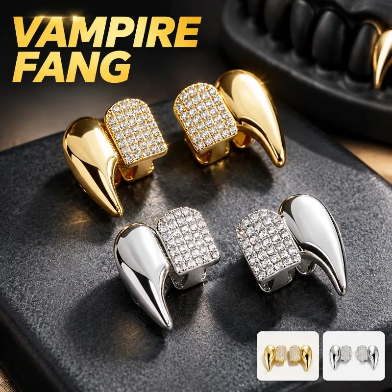 Gold Plated Copper Full Zircon Vampire Fang Grillz for Men, Hip Hop Shiny Tooth Caps, Halloween Rapper Cosplay Party Teeth