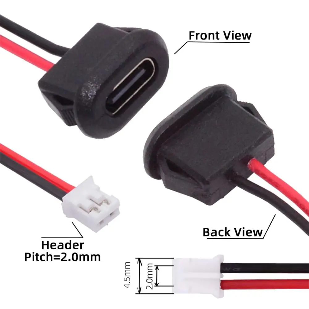 5pcs Type-C Female Chassis Waterproof 2P Solder Wire Type USB C Pigtail Cable USB-C Plug to 2 Pin Bare Wire Open End Connector image 2