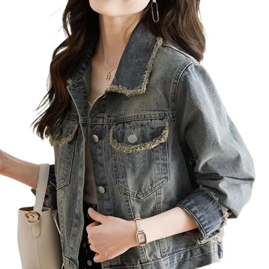 Spring Casual Versatile Loose Short Denim Jacket New Style Small Size Off-Shoulder Frayed Hem Top Direct Sale