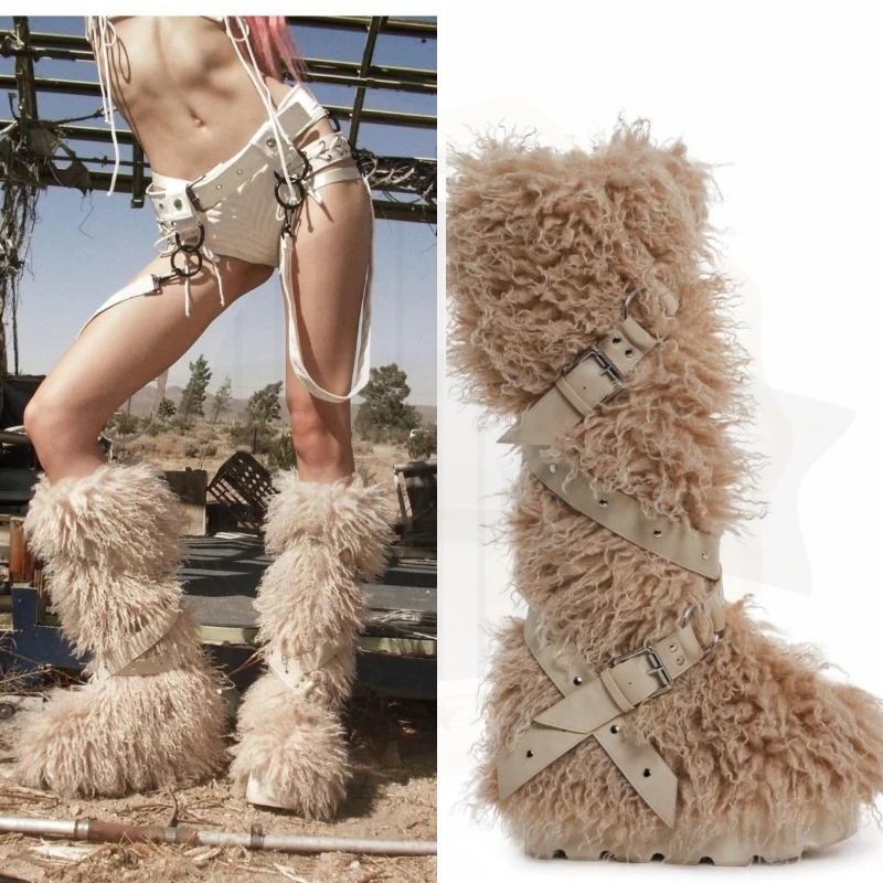 New Women's Shoes Exquisite Fake Fur Knee High Boots for Woman Fashion Plush Ultra Warm Snow Boots Designer Shoes Botas Feminina