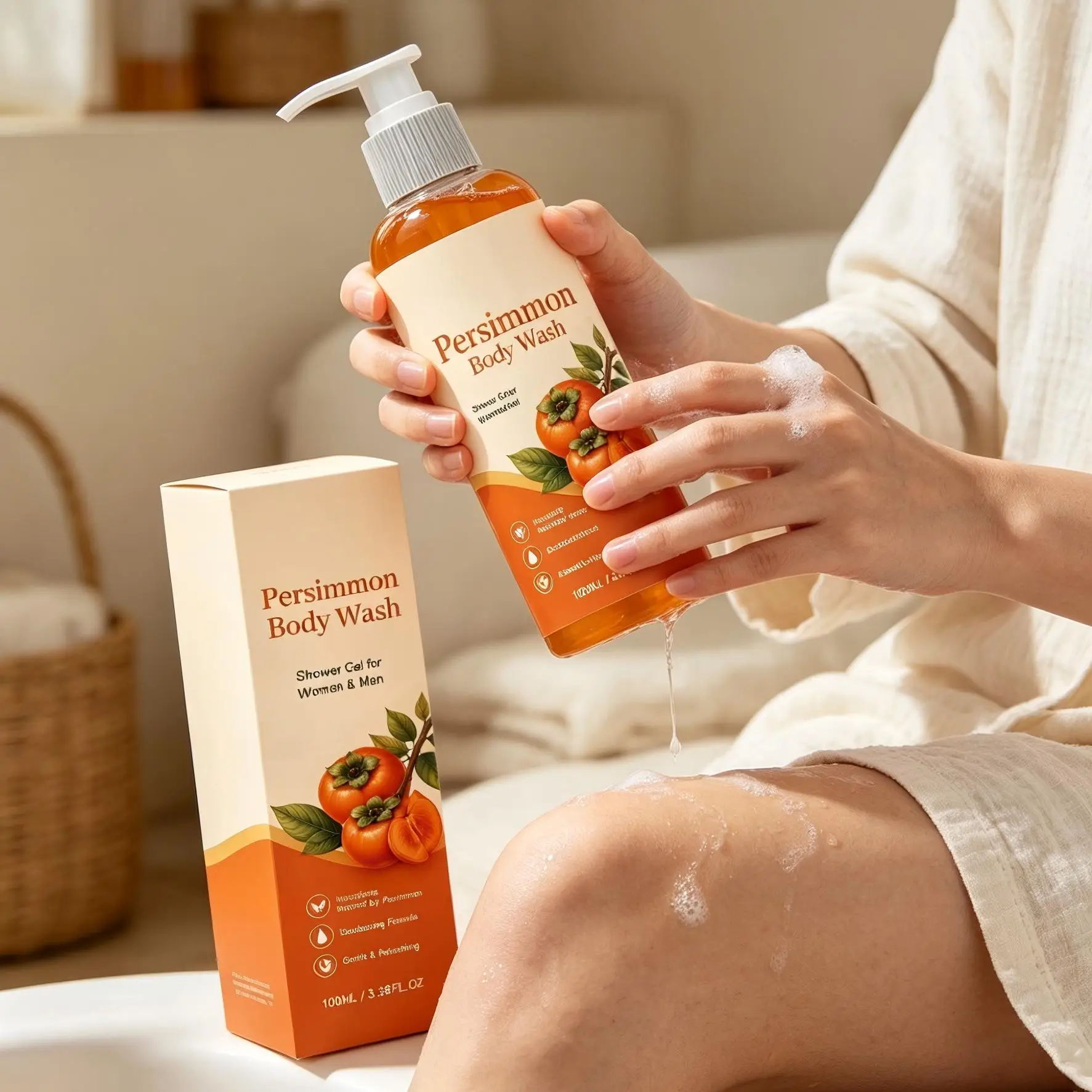 Persimmon Body Wash Control Odor Remover Clean Skin Brightening Dirt Remover Refresh Deodorant Shower Gel for Women & Men 100ml