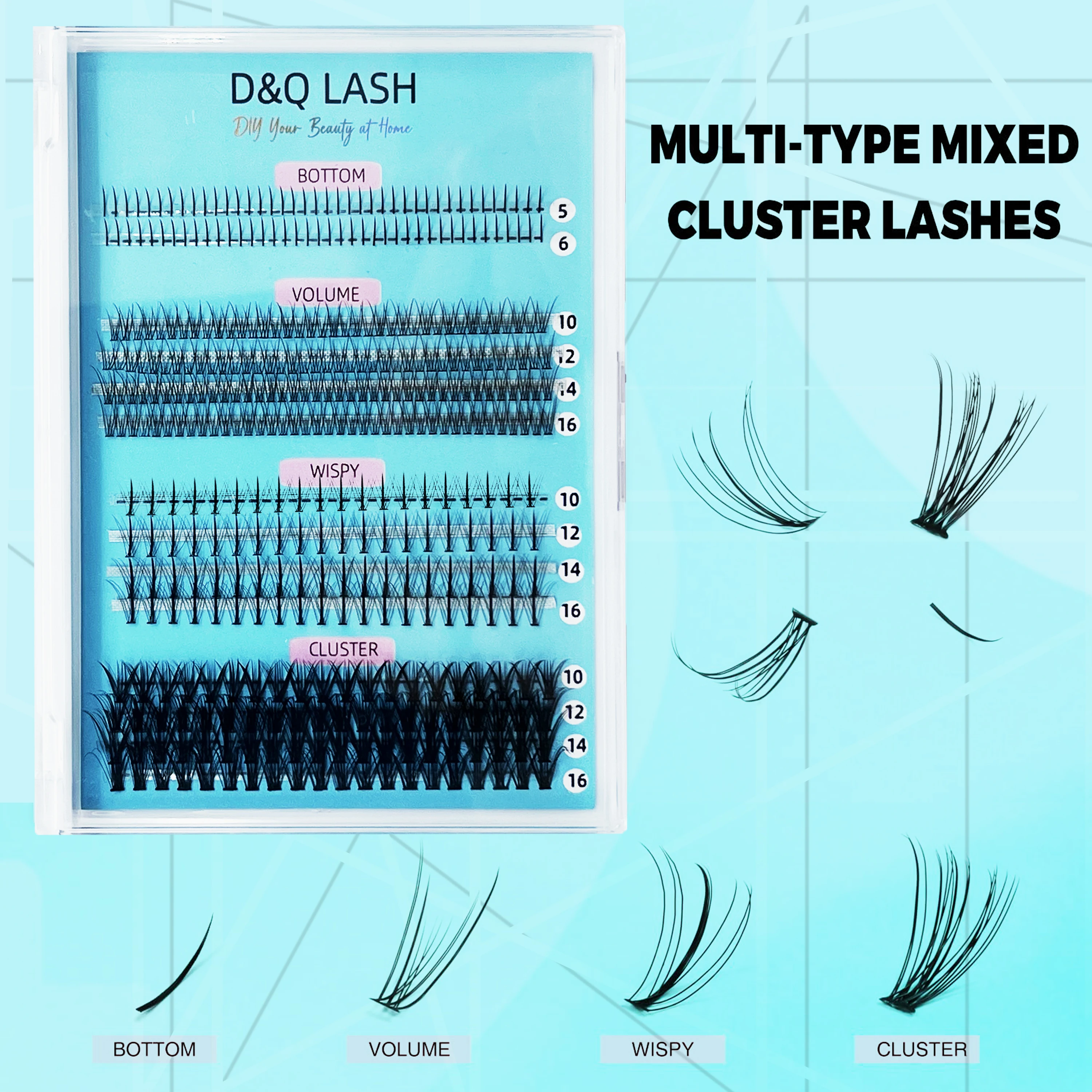 4 Styles Mix DIY Clusters Lash Extensions Multi-type Mixed False Eyelash Tray Bottom Spike Volume Lashes Self Application