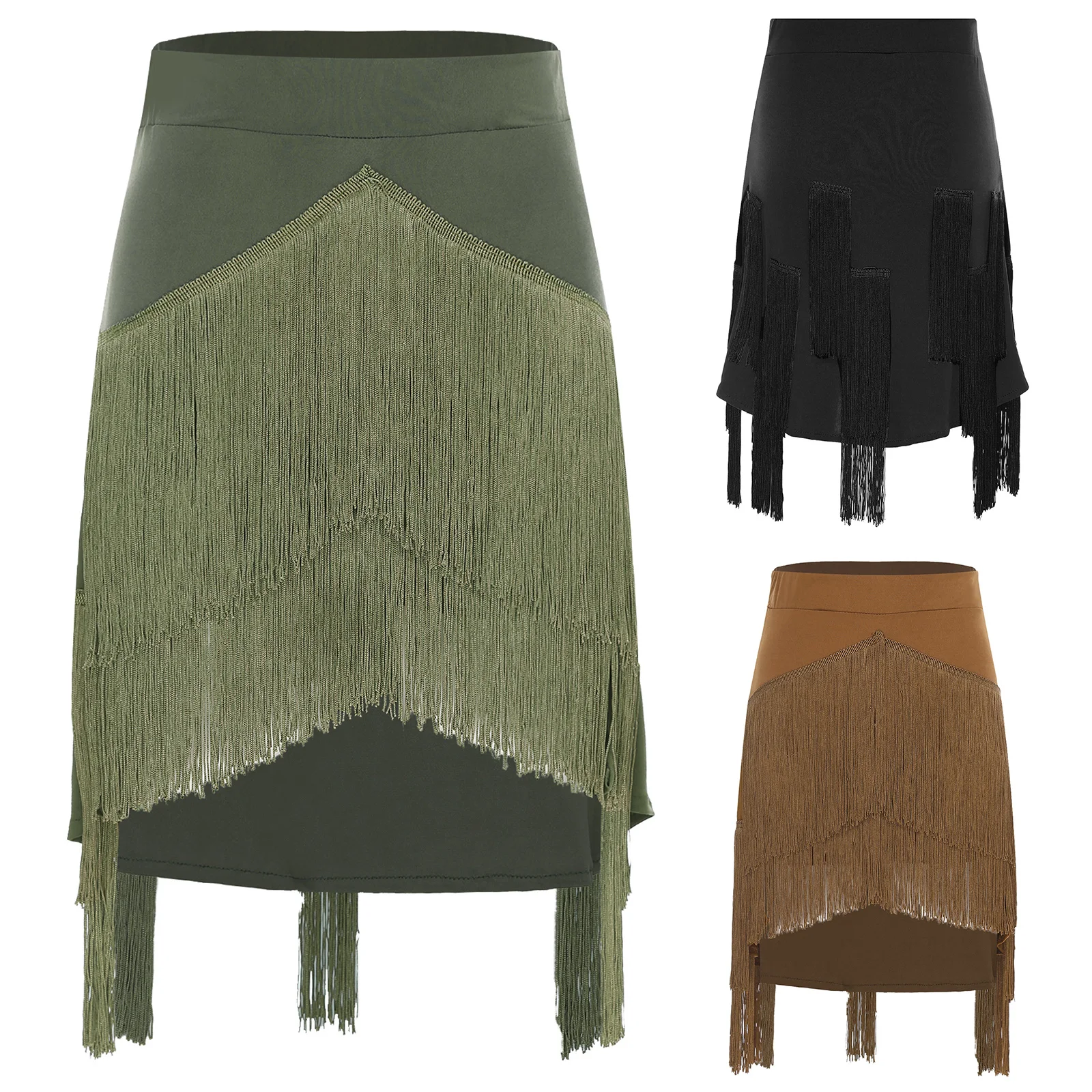 Women Latin Tango Dance Performance Skirt Tassel Fringe Built-in Shorts Elastic Waist Skirt for Ballroom Samba Rumba Belly Dance