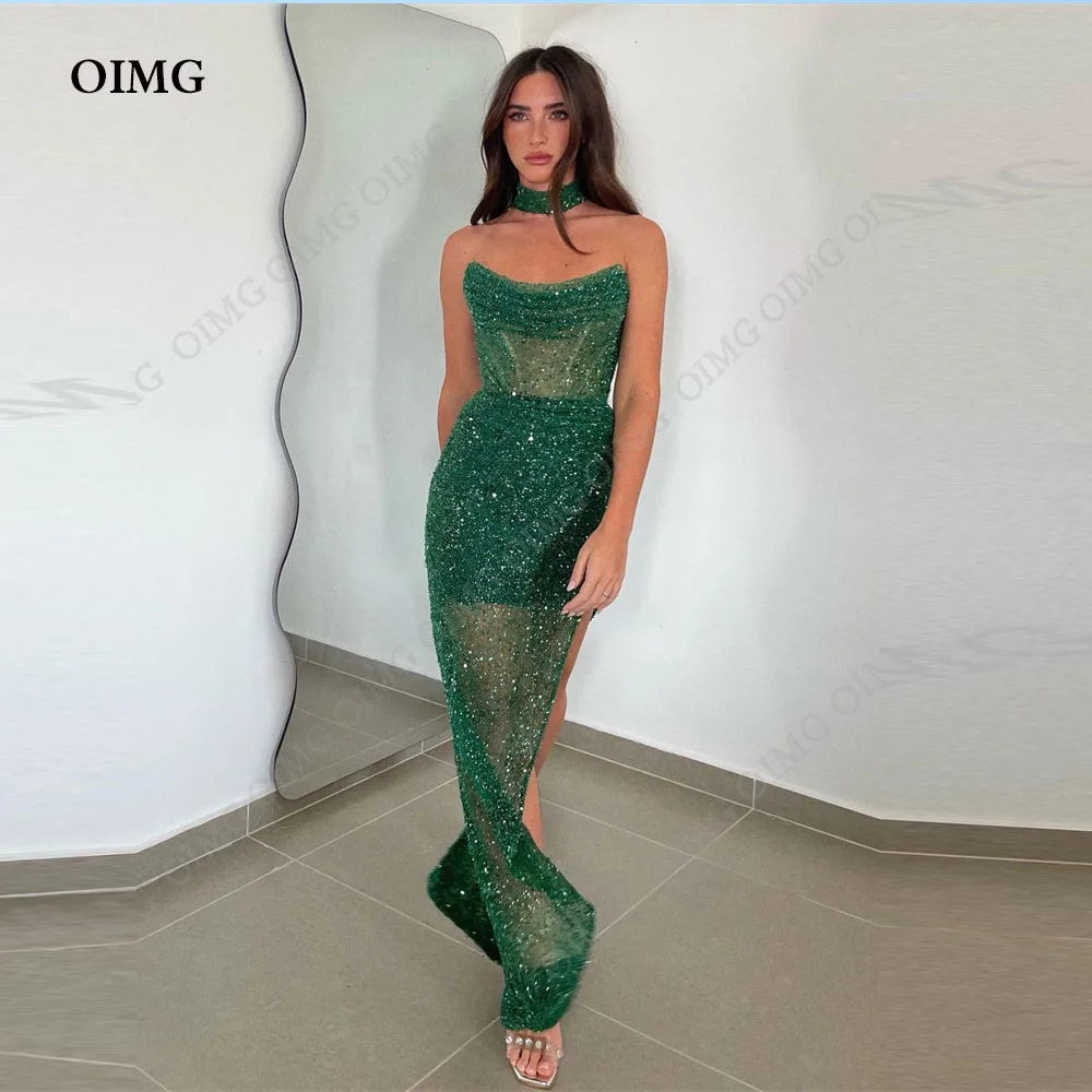 OIMG-Vestido largo De fiesta De noche, traje verde brillante con abertura lateral y lentejuelas brillantes sin tirantes, 2024