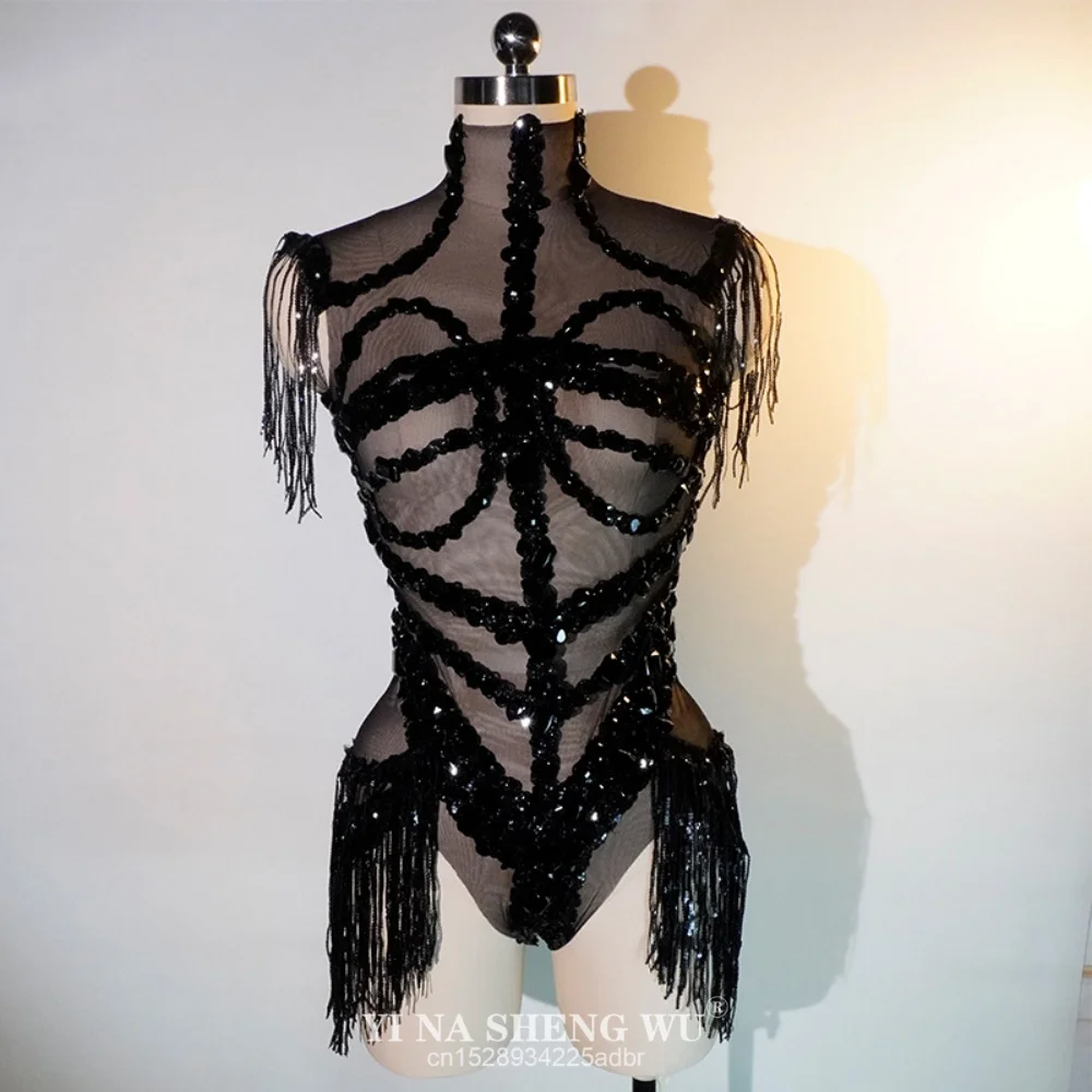 Sexy Mesh Sheer Black Strass Strass Body Cantante Ballerino Spettacolo Abito da palcoscenico Festeggia l'abbigliamento da ballo per feste