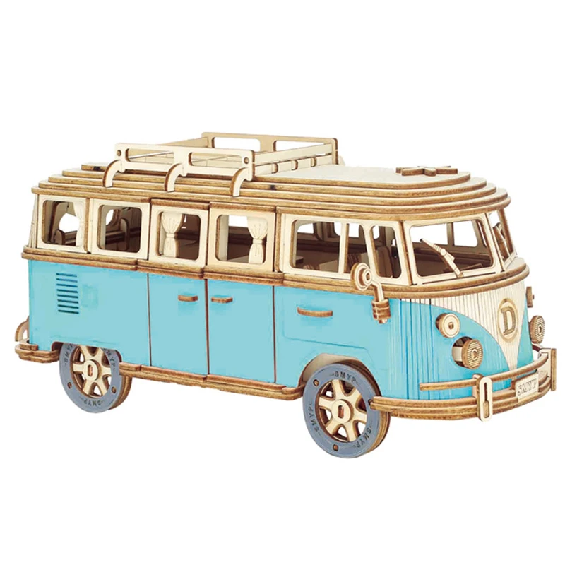 DIY Manual Assembly Model Car Wooden Retro Bus 3D Puzzle Camper Van Children Boy Girl Gift Educational Toys Home Room Decoration