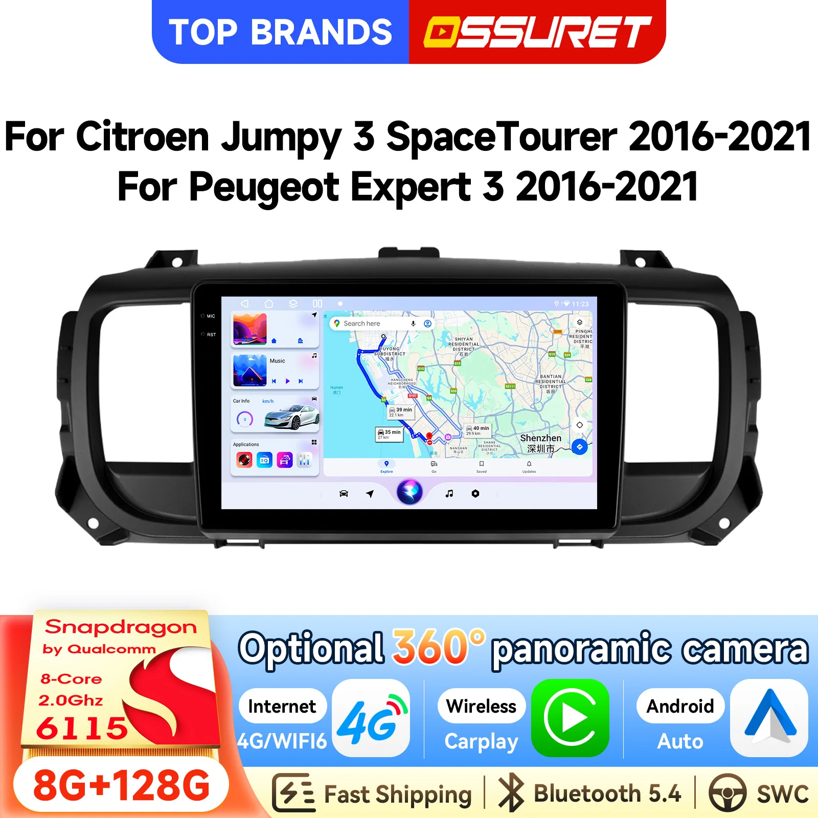 OSSURET Promotion Exceptionnelle Lecteur Multimédia Automobile Android 14 avec Qualcomm 6115 8 Cœurs pour Peugeot Expert 3 2016-2021 et Citroën Jumpy 3 SpaceTourer 2016-2021, Optionnel 360 °   Caméra panoramique AHD, SWC, DSP, audio, AI, Bluetooth, Wifi, 4G-LTE, Carplay, navigation GPS, autoradio