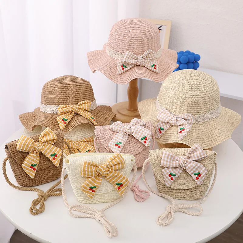 Cute Bow Girls Straw Hat+Shoulder Bag Summer Outdoor Sun Bucket Hat Tote Bags 2pcs a Set Baby Travel Beach Sunshade Hat Gorros