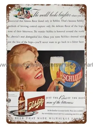 garage poster kitchen wall decor 1942 Schlitz Beer ad metal tin sign