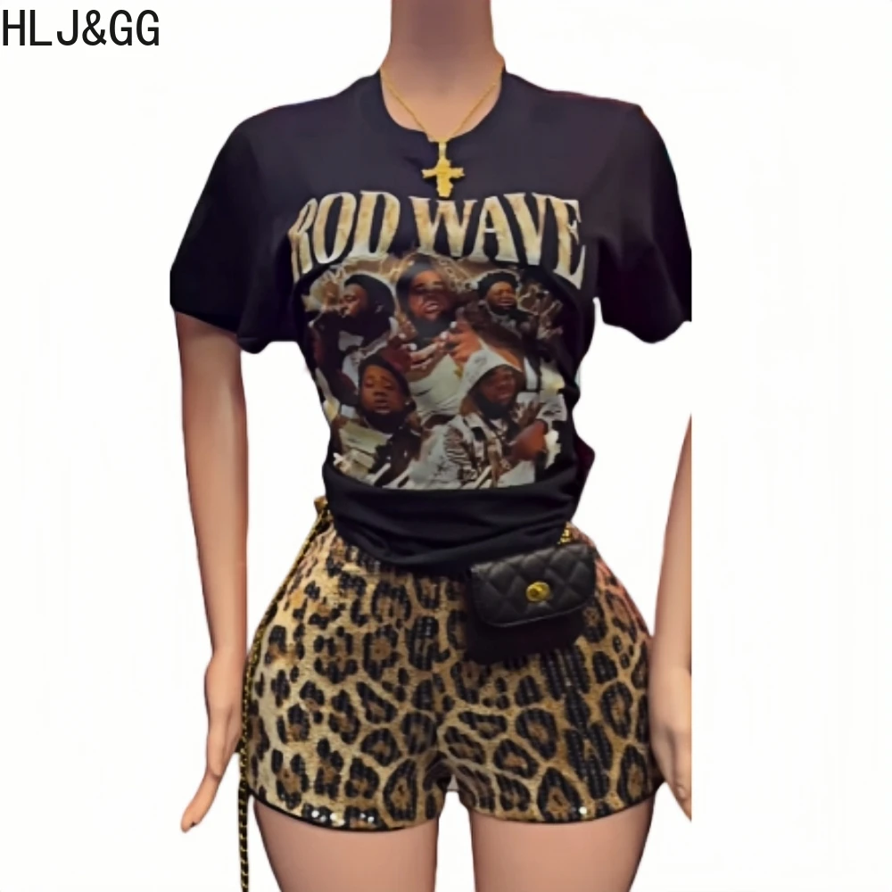 HLJ&GG Y2K Fashion Sequin Leopard Shorts Two Piece Sets Women Round Neck Short Sleeve Graphic T Shirts And Shorts Outfits 2025