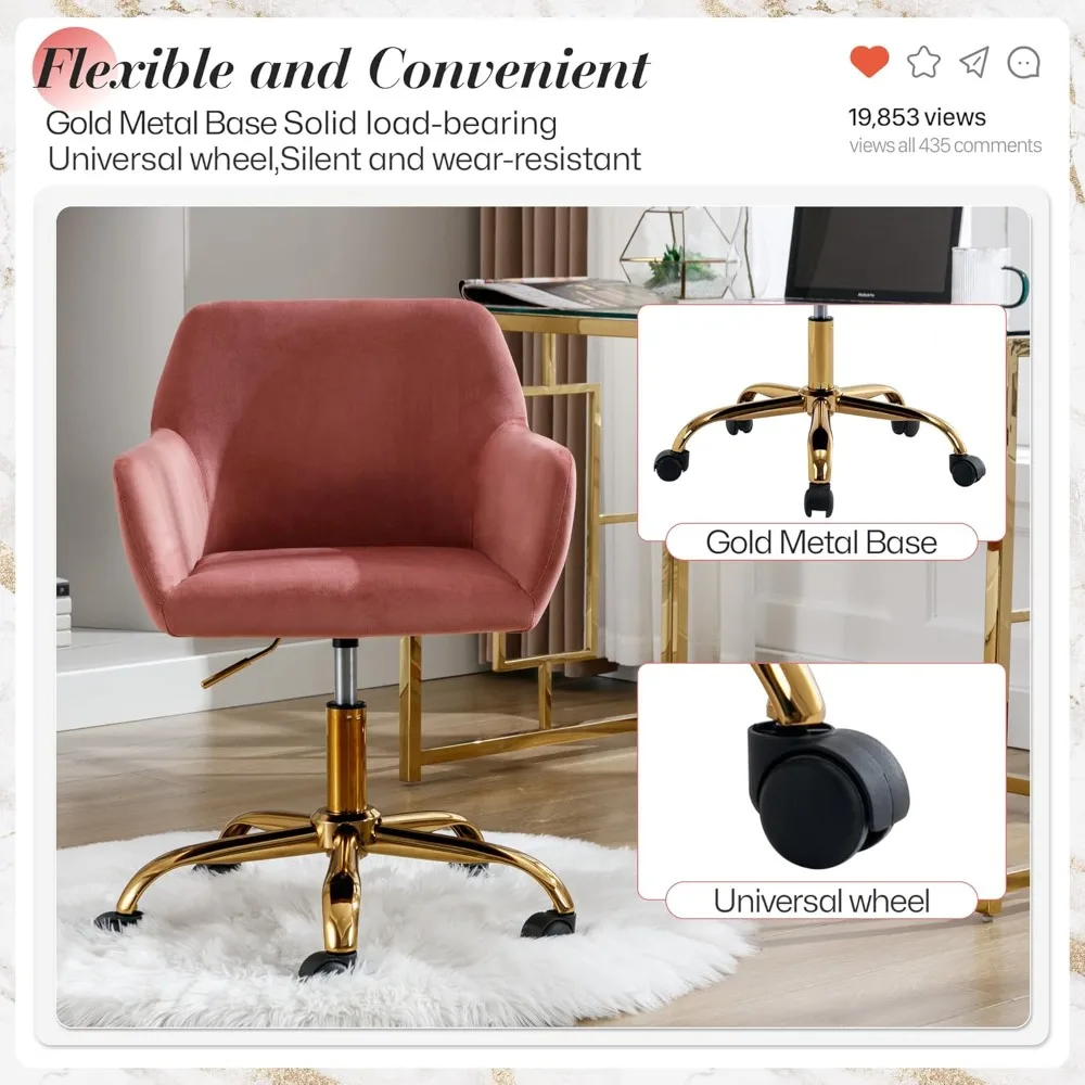 Pelliccia sintetica 360 ° Sedia da scrivania girevole, poltrona moderna da ufficio regolabile in altezza con base dorata per adolescenti, donne e ragazze, rivestimento